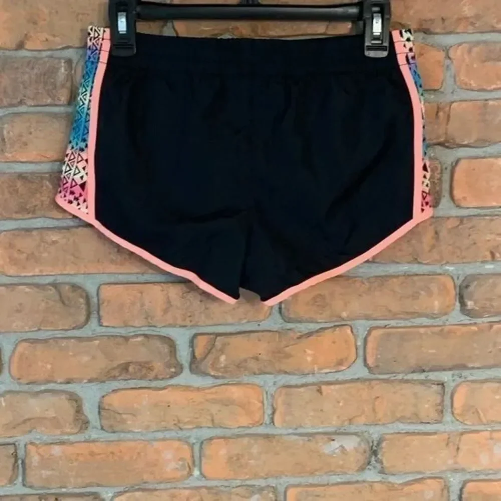 SO Shorts Women Small Black Athletic Running Pink Aztec Print Drawstring Workout